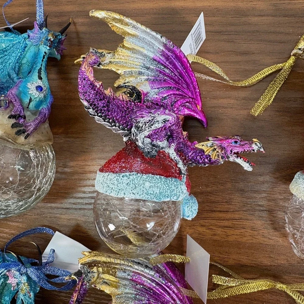 Mystical Dragons Holiday Ornaments on Crystal Ball and Resin Dragons‎ Lot of 7